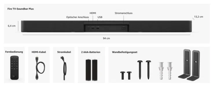 Amazon Fire TV-Soundbar Plus Lieferumfang und Maße