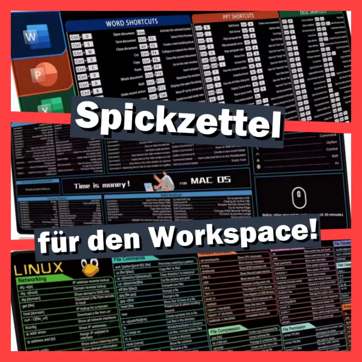 Collage verschiedener Mauspad-Modelle. Schriftzug: Spickzettel für den Workspace