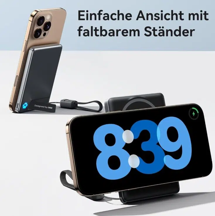 Anwendungsmöglichkeiten des ausklappbaren Ständers der Powerbank.