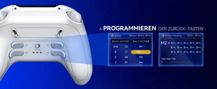 Manba One Controller. 4 programmierbare Tasten auf der Rückseite.