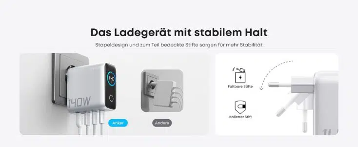 Kompaktes Design des Ladegerätes mit klappbarem Stecker.